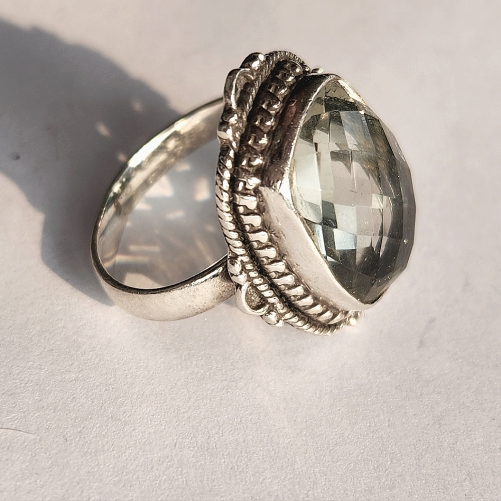 Sterling Silver Faceted Green Quartz Ring,  Size 6
